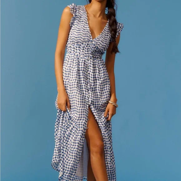 Anthropologie Blue and White Gingham Midi Dress - Picture 3 of 13